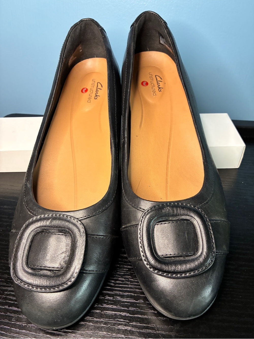 Clarks Black Leather Square-Buckle Flats